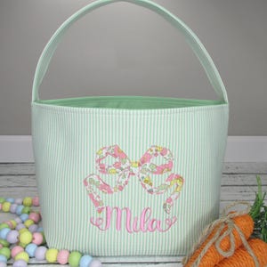 Seersucker Easter Basket Personalized - Embroidered Easter Tote with Floral Bow - Monogrammed Easter Basket - Keepsake Easter Gift Baby Girl