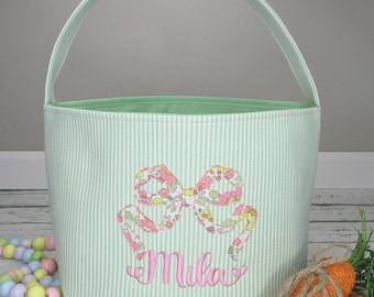 Seersucker Easter Basket Personalized - Embroidered Easter Tote with Floral Bow - Monogrammed Easter Basket - Keepsake Easter Gift Baby Girl
