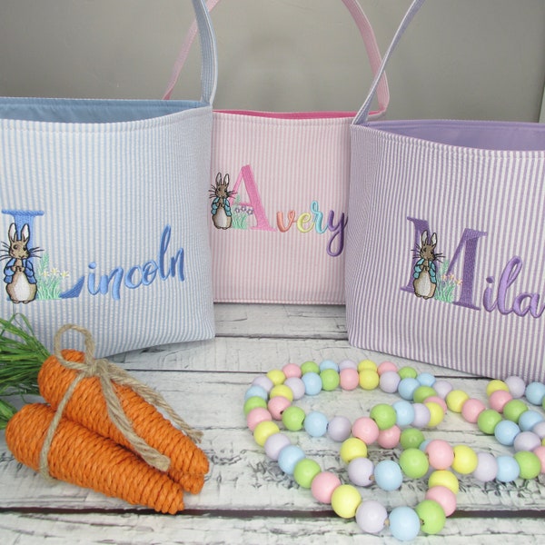 Seersucker Easter Basket Personalized - Embroidered Easter Tote - Monogrammed Easter Basket - Seersucker Easter Basket with Name and Rabbit