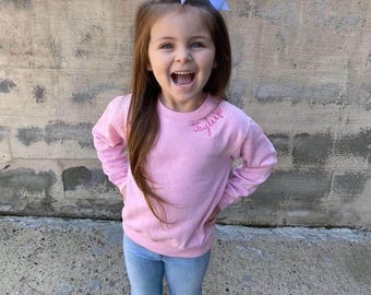 Kids Monogrammed Collar Sweatshirt - Crewneck Sweatshirt with Name on Collar - Chain Stitch - Personalized Sweat Shirt - Embroidered Sweater