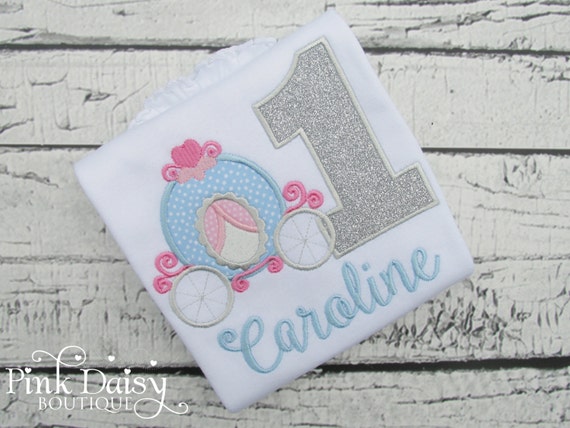 Princess Carriage Birthday Shirt - Light Blue Silver Pink - Ages 1-9 - Pumpkin Carriage - Coach - Cinderella Birthday Shirt - Applique Shirt Il_570xn