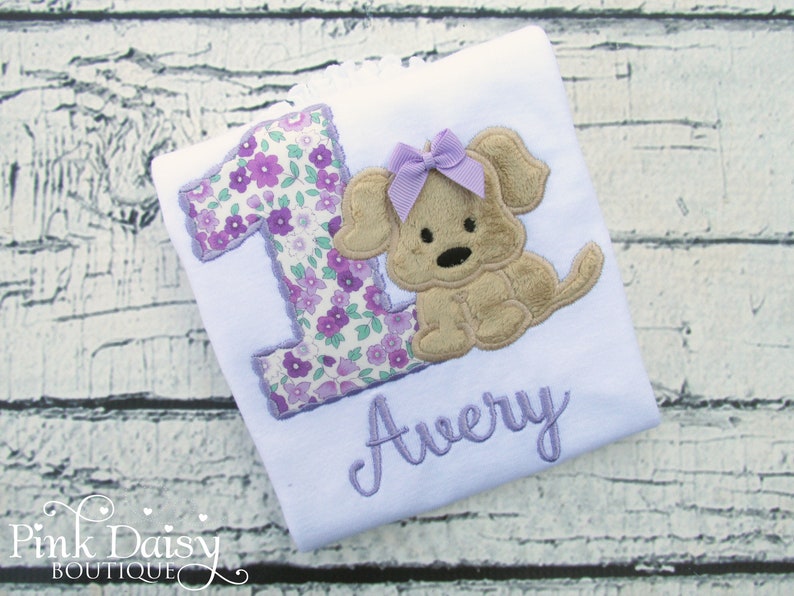 Puppy Birthday Shirt Dog Shirt Puppy Theme Purple Girls Puppy Party Puppy Paw-ty Applique Shirt Floral Lavender Flowers image 1