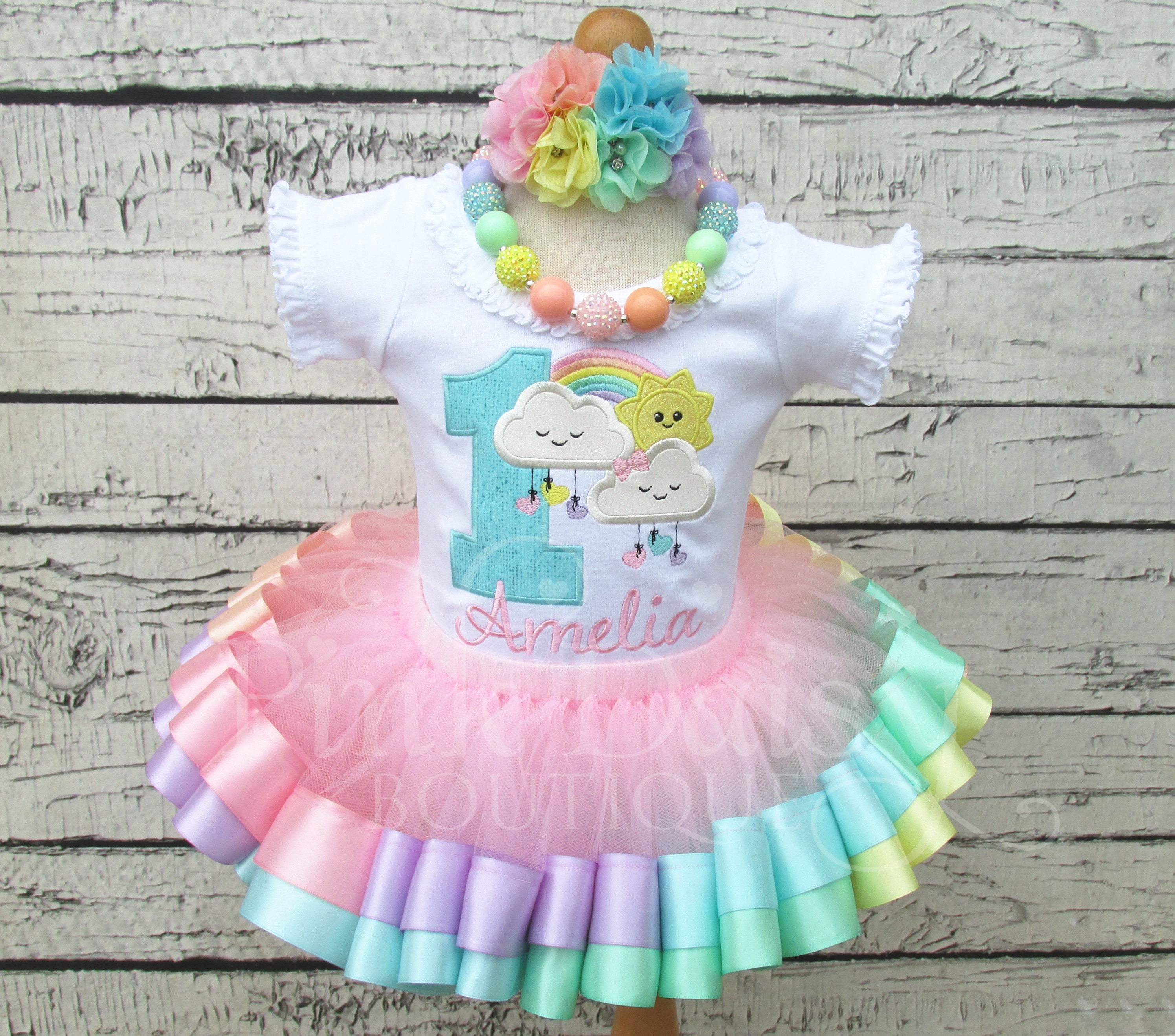 Happy Cloud Birthday Outfit - Kawaii Raining Love With Hearts Pastel Rainbow Ribbon Tutu Applique Shirt 1st