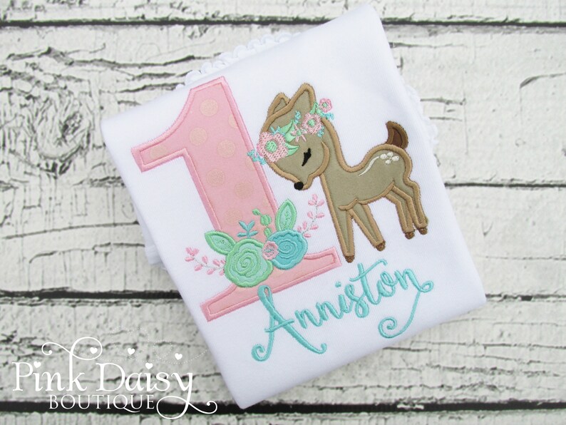 Baby Deer Woodland Fawn Birthday Tutu Outfit Personalized Pink Mint Aqua Wild ONE Ribbon Trim Tutu Set First Birthday Dress