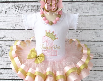 Pink and Gold First Birthday Outfit - Princess Dress - 1st Birthday Girl Outfit - Ribbon Trimmed Tutu Outfit - Applique Birthday Shirt