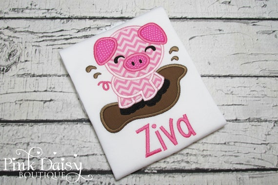 Girls Pig Shirt - Pig in Mud - Farm Animals - Barnyard - Applique Shirt - Embroidered Shirt - Personalized Tee - Pig Outfit - Pig Birthday Il_570xn