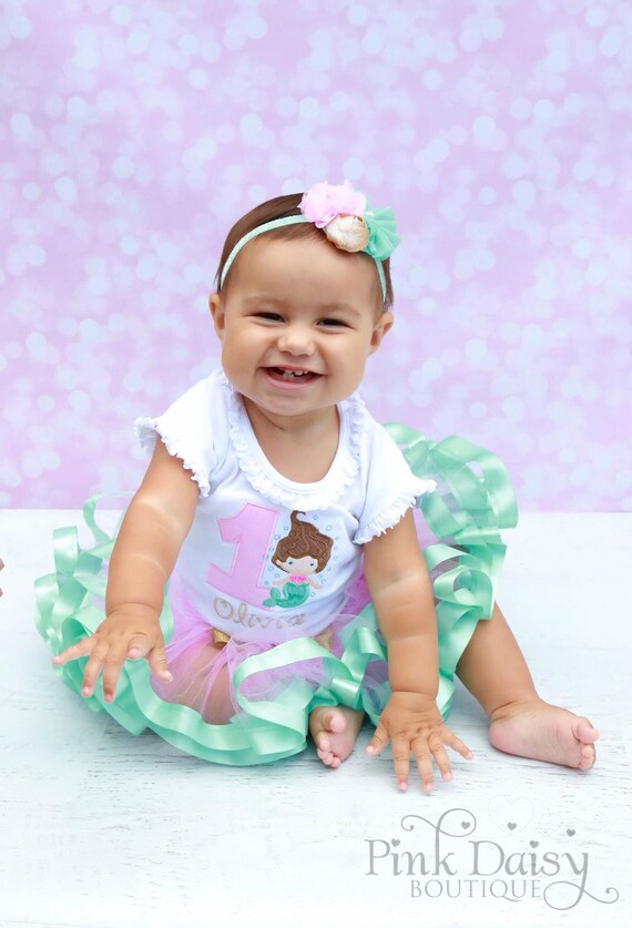Mermaid Birthday Tutu Outfit - Mermaid Shirt - Pink Aqua Gold - Ribbon Trimmed Tutu Set - Tutu Birthday Outfit - Under the Sea - Ocean Il_570xn