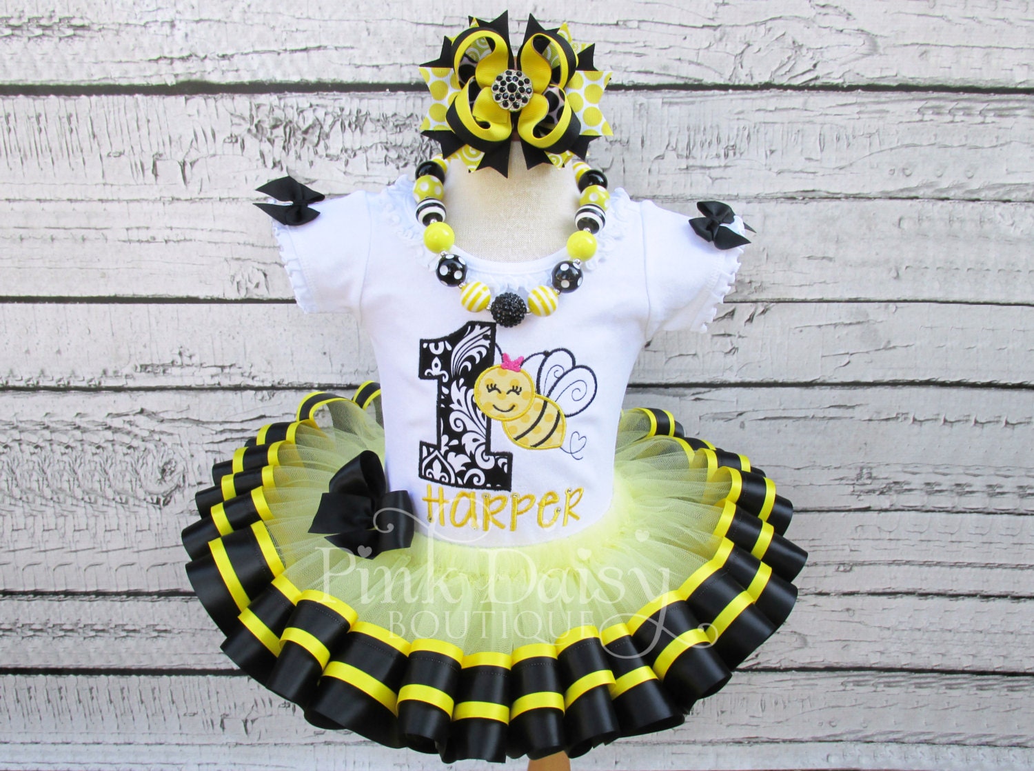 Girls Black & Yellow Bumble Bee Themed Appliqué Shirt Ribbon Tutu Outfit With Matching Stacked Boutique Bow Chunky Necklace