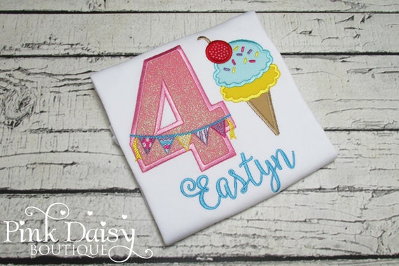 Ice Cream Birthday Shirt - Applique Shirt - Embroidered Shirt - 4th Birthday - Fourth Birthday Tee - Personalized Shirt - Sweet to Be 4 Il_570xn