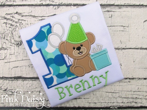 Boys Teddy Bear Birthday Shirt - Blue Green Silver - Balloons - Present - Teddy Bear Picnic - Applique Shirt - Personalized Birthday Shirt Il_570xn