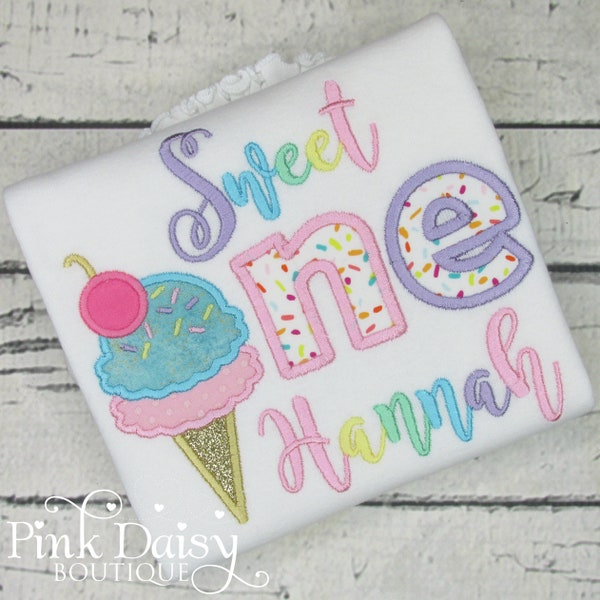 Sweet One Birthday Shirt - Ice Cream Birthday Shirt - Sprinkles - TWO Sweet - Ice Cream Cone - Pastel Rainbow - Gold - Applique Shirt - 1st