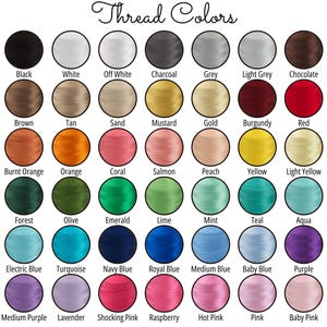 a grid of 36 different thread colors, each color represented by a circular shape. The colors include black, white, charcoal, grey, light grey, chocolate, burnt orange, coral, salmon, peach, yellow, light yellow, green, olive, emerald, lime, mint, teal, aqua, purple, electric blue, turquoise, navy blue, royal blue, medium blue, baby blue, purple, medium purple, lavender, shocked pink, raspberry, hot pink, and baby pink.
