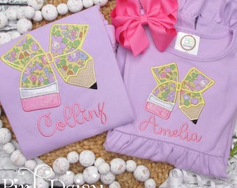 Back to School Outfits Girl - First Day of School Dress - Monogrammed Shirt - Coquette Pencil Bow - Embroidered - Floral - Personalized Gift