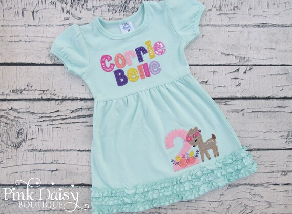 Woodland Deer Applique Dress - Floral Fawn Birthday Dress - Boho Chic - Flowers - Mint Pink Purple Coral Yellow - Personalized Ruffle Dress Il_570xn