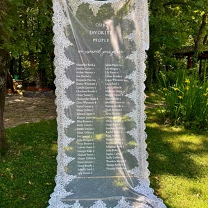 May include: A vertical rectangular wedding seating chart made of sheer white fabric with intricate lace borders. The text reads: OUR FAVORITE PEOPLE we reserved your place, followed by two columns of names and numbers printed in a white sans-serif font.