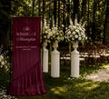 Burgundy Wedding Welcome Sign, Ruffled Chiffon Banner, Dramatic Romantic Ceremony Decor product logo