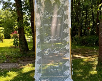 Letrero de bienvenida de encaje para bodas, pancarta transparente hecha a medida / Decoración elegante para la recepción