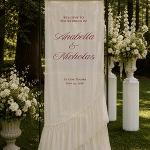 Ruffled Chiffon Welcome Sign, Draped Fabric Wedding Banner, Soft Romantic Ceremony Decor