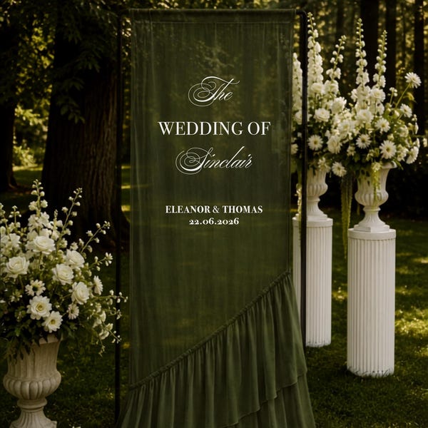 Groen welkomstbord bruiloft, spandoek gegolfde chiffon, decor tuinceremonie