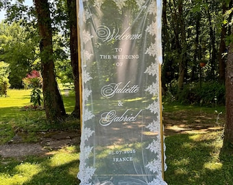 Letrero de bienvenida de encaje para bodas, pancarta transparente hecha a medida / Decoración elegante para la recepción