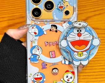 Kawaii Doraemon & Friends MagSafe Case with UFO Doraemon Grip, Clear Transparent Gadget Print Cover for iPhone 17/16/15/14/13 Pro Max