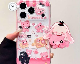 Funda magnética rosa con diseño de osito Gloomy y soporte Pop Socket de conejito, compatible con MagSafe, funda para iPhone 17 Pro Max, iPhone 16, 15, 14 y 13 Pro Max.