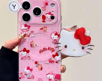 Custodia magnetica rosa Hello Kitty con Pop Socket Hello Kitty, compatibile con MagSafe, per iPhone 17 Pro Max, iPhone 16, 15 e 14 Pro Max