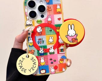 Funda magnética para teléfono con diseño de conejito y tablero de ajedrez, con soporte Pop Socket de Miffy, compatible con MagSafe, funda para iPhone 17 Pro Max, iPhone 16, 15 y 14 Pro Max.