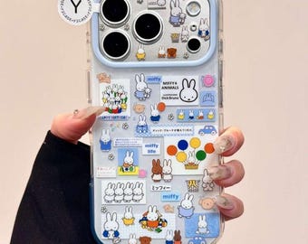 Funda transparente para teléfono con collage de pegatinas de conejitos adorables y cadena de cuentas de Miffy, funda para iPhone 17 Pro Max, funda para iPhone 16, 15, 14 y 13 Pro Max.