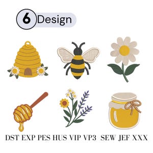 Ensemble de broderies mignonnes sur le thème des abeilles et du miel, motif de broderie machine avec bourdon, pot de miel et marguerite lavande, fichiers clipart inclus.