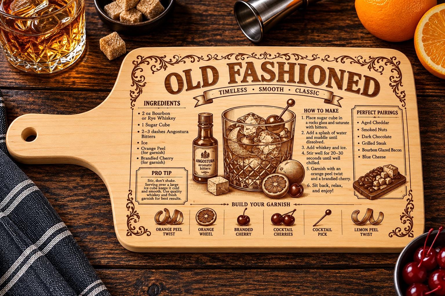 Cocktail Recipe Charcuterie Board, Engraved Maple Paddle Board, Margarita, Old Fashioned, Martini Bar Gift, 17x8 Serving Board — scale and size reference of the laser engraved cocktail recipe cutting board