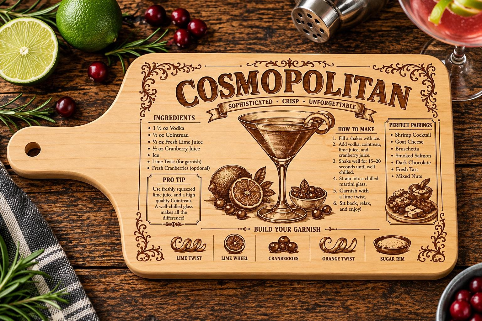 Cocktail Recipe Charcuterie Board, Engraved Maple Paddle Board, Margarita, Old Fashioned, Martini Bar Gift, 17x8 Serving Board — shown styled in a home setting of the laser engraved cocktail recipe cutting board