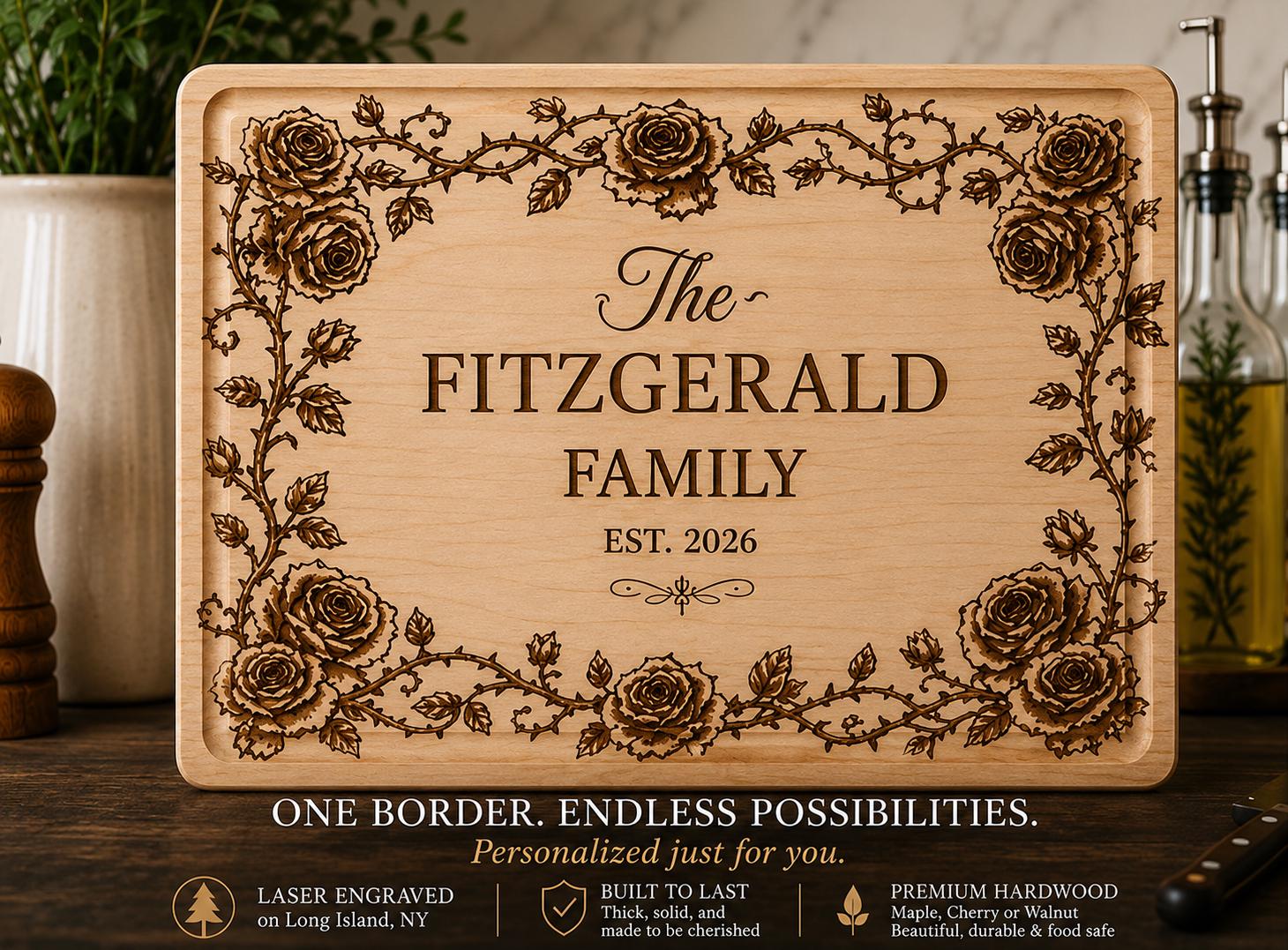 Personalized Rose Engraved Cutting Board | Custom Family Name Gift | Wedding & Anniversary Gift | Housewarming Gift