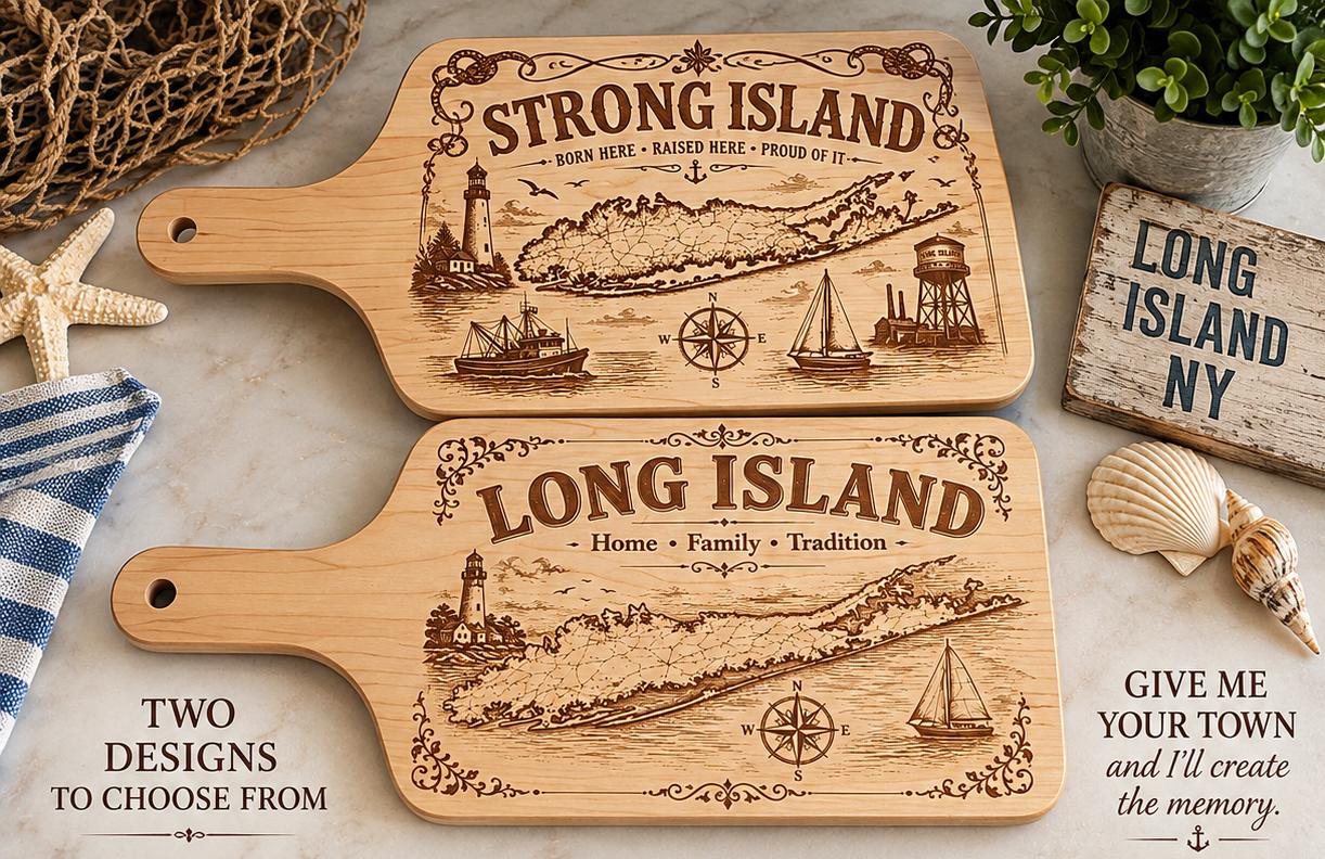 Personalized Long Island Cutting Board, Custom Hometown Maple Board, Long Island Gift, Housewarming Gift, 17x8 Engraved Paddle