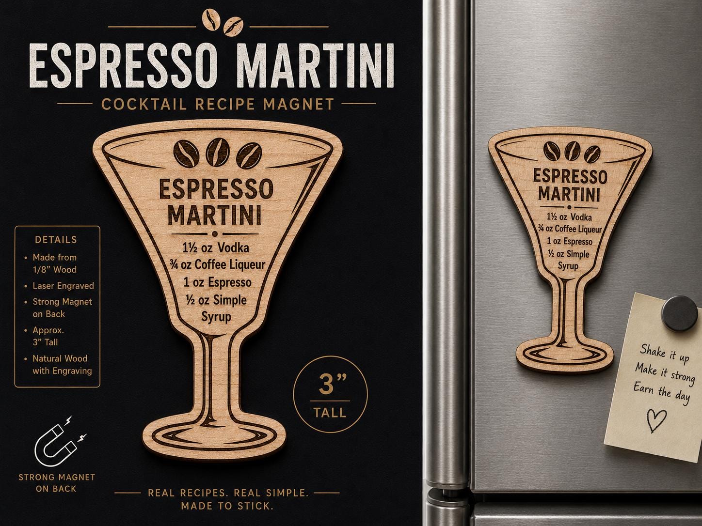 Cocktail Recipe Magnet – Laser Engraved Wooden Drink Magnet – Bartender Gift – Home Bar Decor – Cocktail Lover Gift — shown styled in a home setting of the laser engraved wood magnet