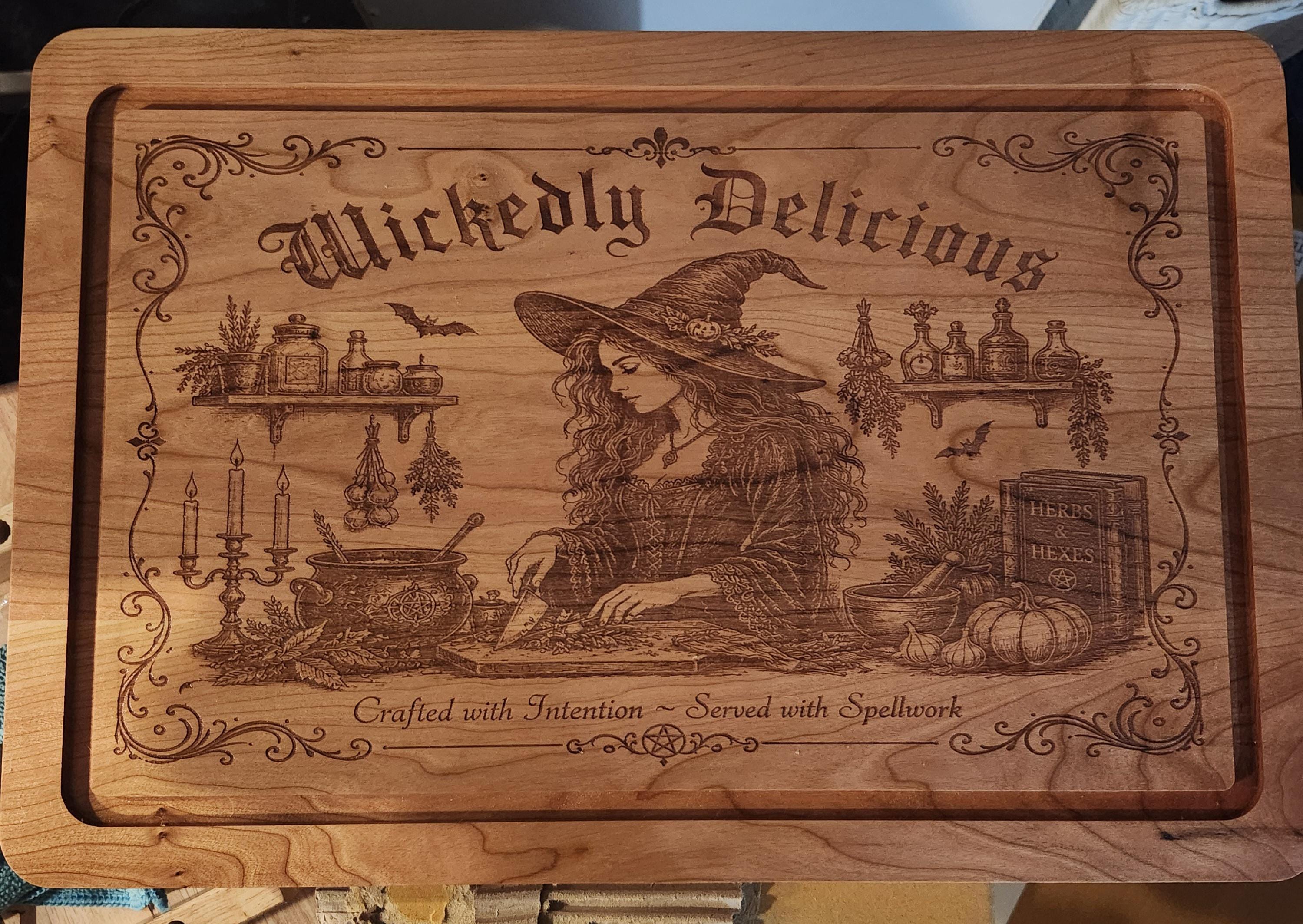 Elegant Gothic Witch Cherry Cutting Board | Laser Engraved Wooden Serving Board | Witch Kitchen Decor | Halloween Kitchen Gift