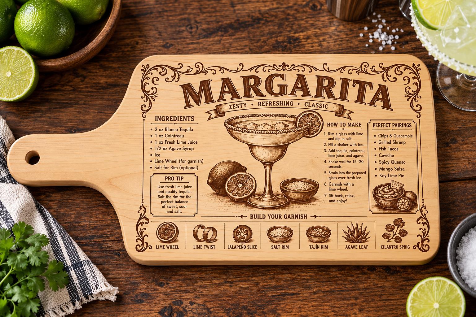 Cocktail Recipe Charcuterie Board, Engraved Maple Paddle Board, Margarita, Old Fashioned, Martini Bar Gift, 17x8 Serving Board