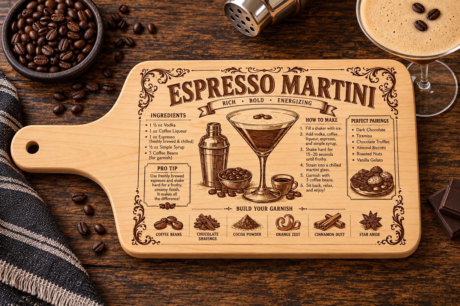 Cocktail Recipe Charcuterie Board, Engraved Maple Paddle Board, Margarita, Old Fashioned, Martini Bar Gift, 17x8 Serving Board — alternate angle of the laser engraved cocktail recipe cutting board