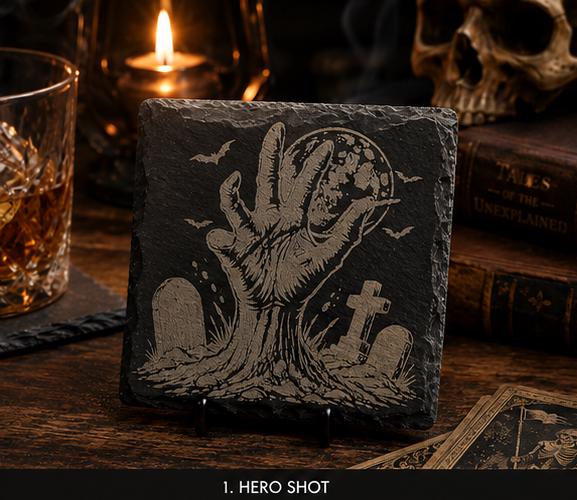 Wooden plaque engraved with a skull, candlelit