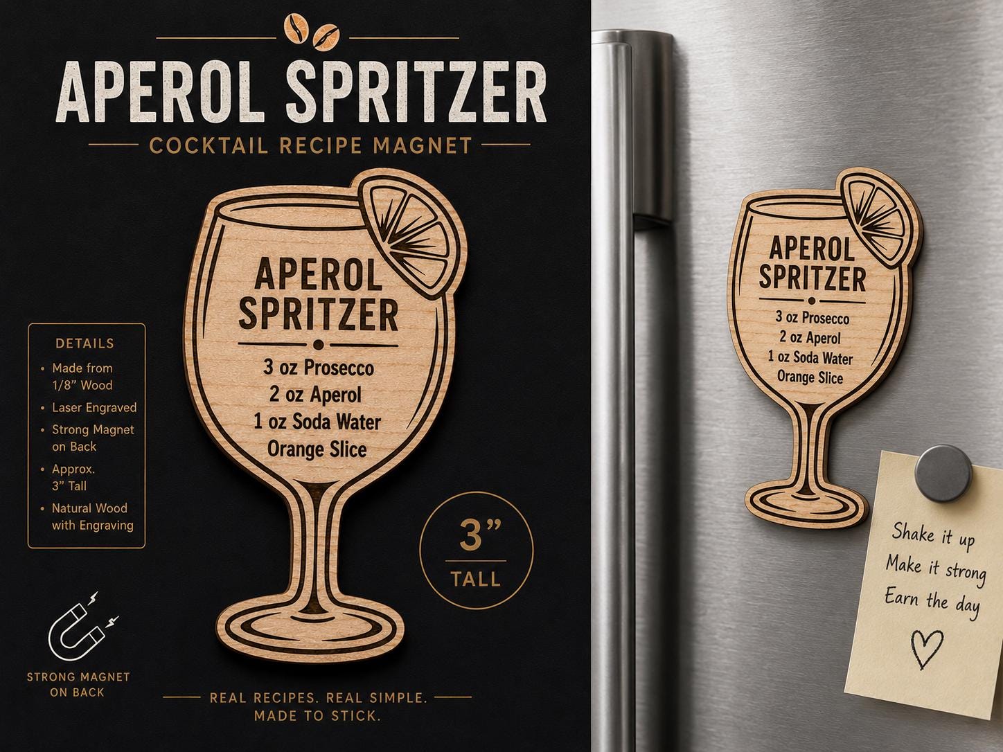 Cocktail Recipe Magnet – Laser Engraved Wooden Drink Magnet – Bartender Gift – Home Bar Decor – Cocktail Lover Gift — alternate angle of the laser engraved wood magnet