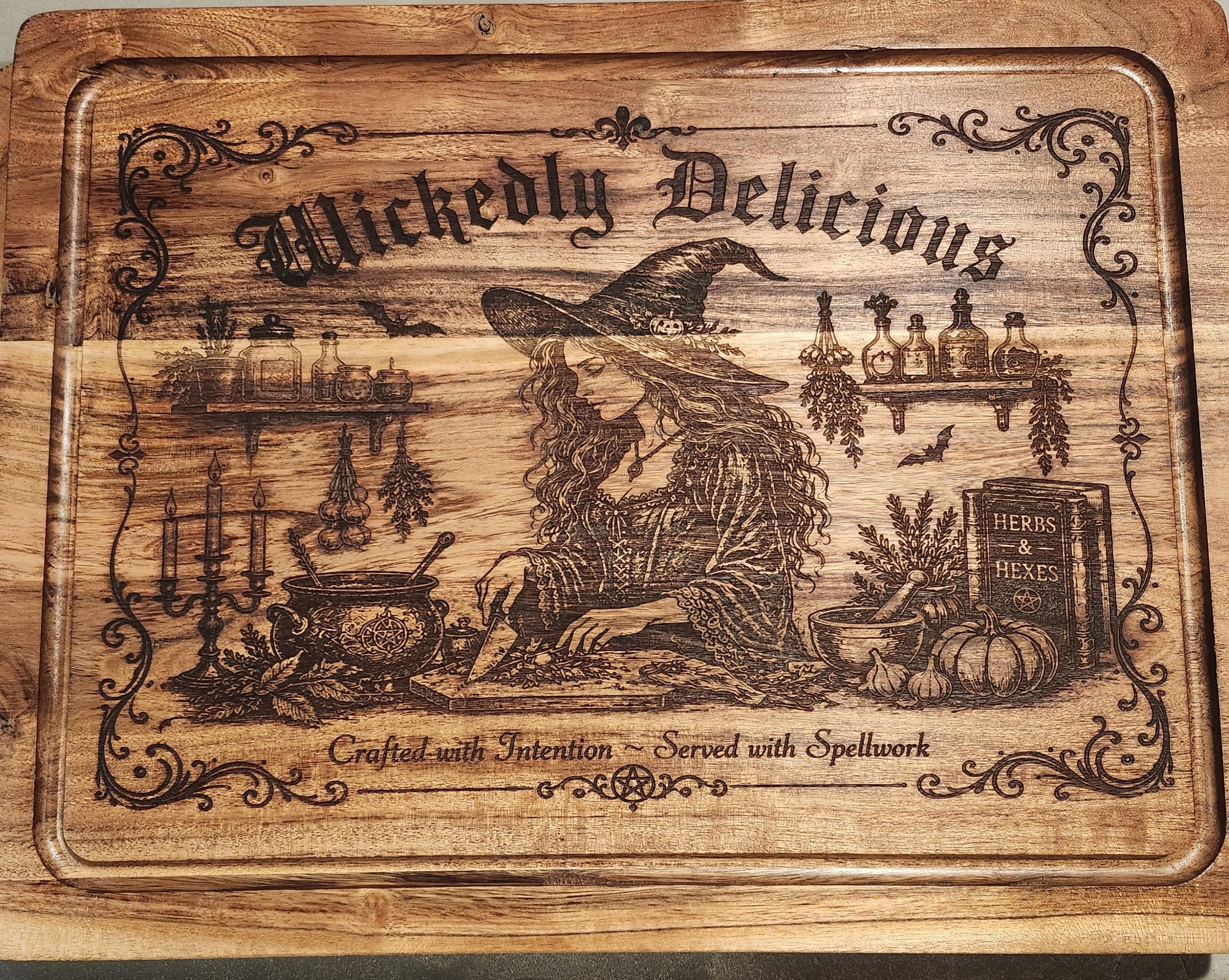 Elegant Gothic Witch Acacia Cutting Board | Laser Engraved Wooden Serving Board | Witch Kitchen Decor | Halloween Kitchen Gift