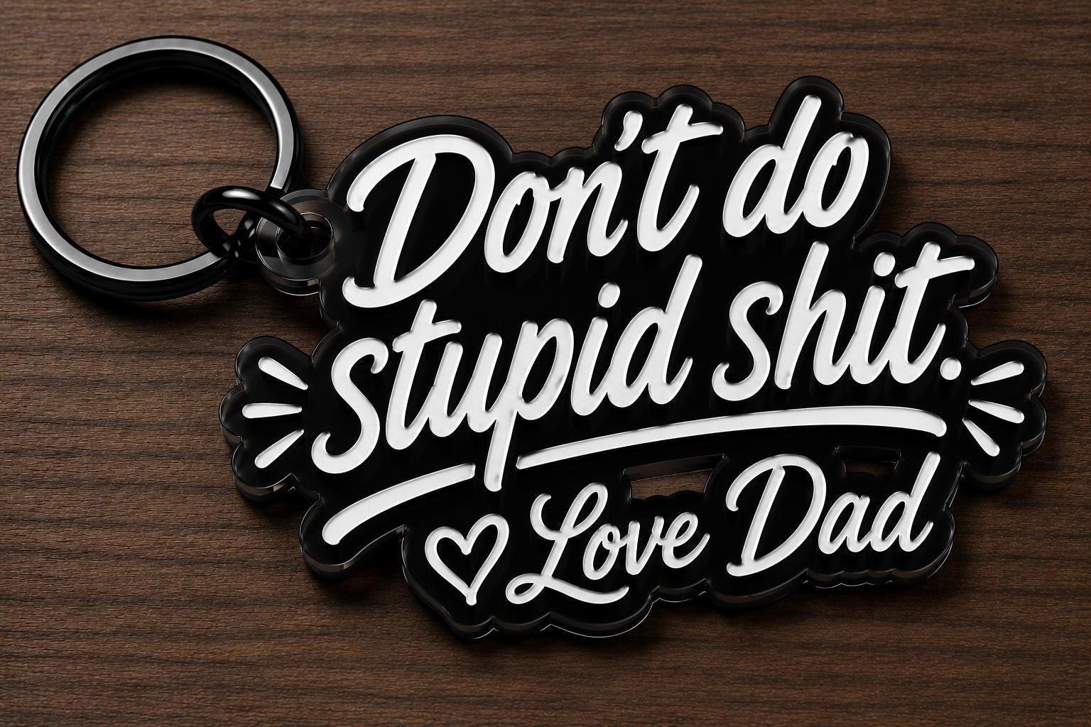 Funny Mom Dad Keychain Gift — shown styled in a home setting of the laser engraved studio piece