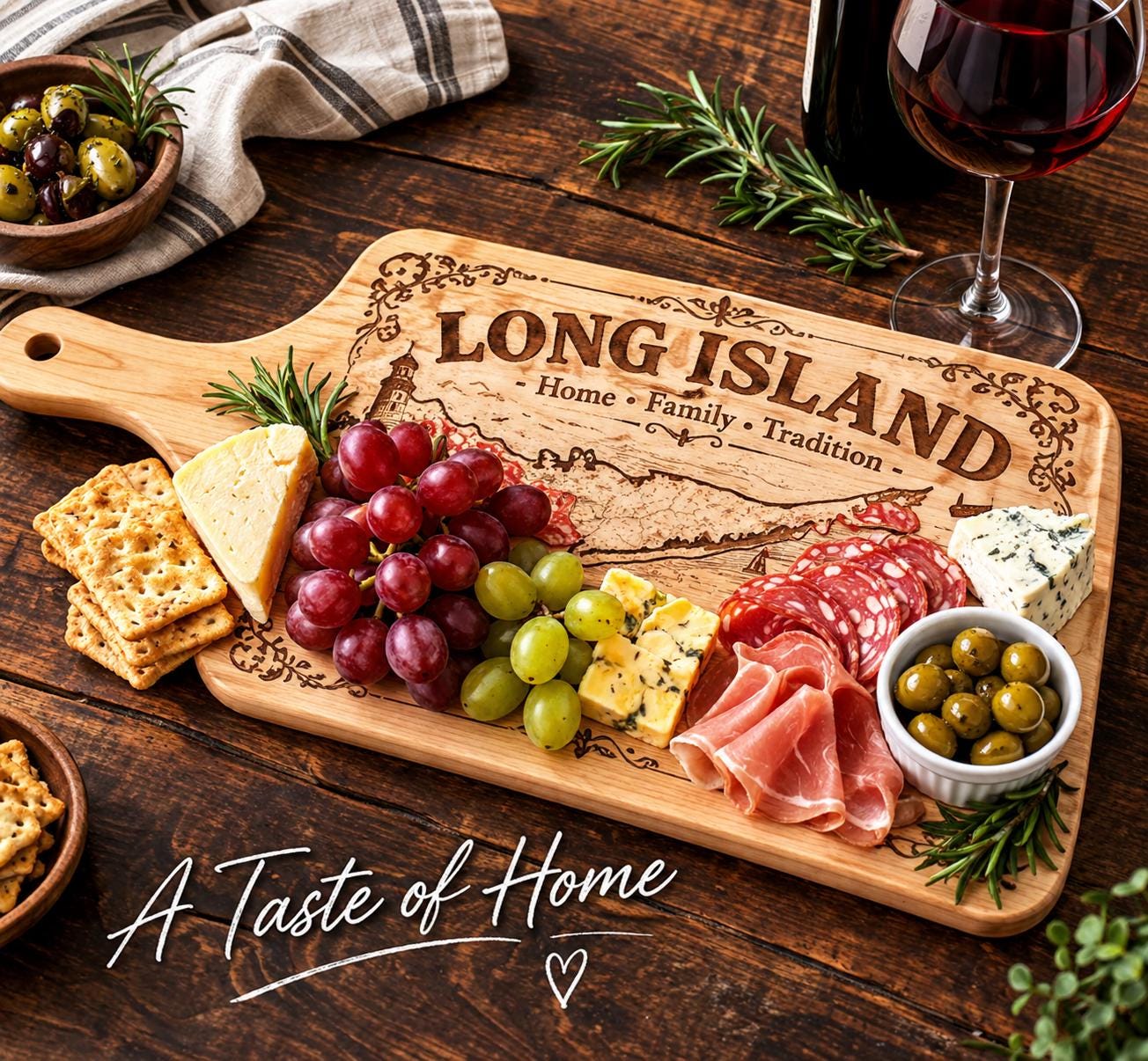 Personalized Long Island Cutting Board, Custom Hometown Maple Board, Long Island Gift, Housewarming Gift, 17x8 Engraved Paddle — alternate angle of the laser engraved studio piece