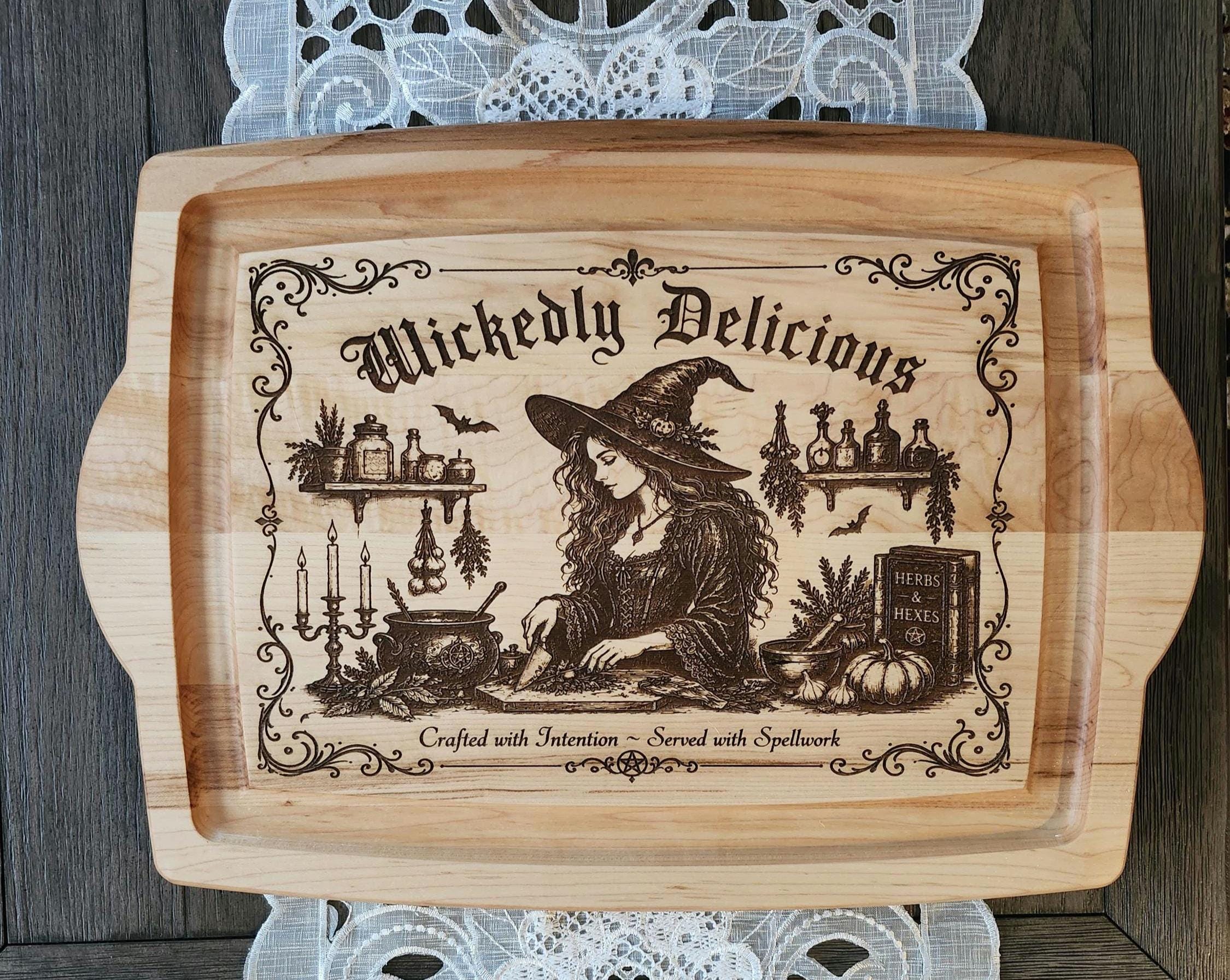 Elegant Gothic Witch Maple Cutting Board | Laser Engraved Wooden Serving Board | Witch Kitchen Decor | Halloween Kitchen Gift