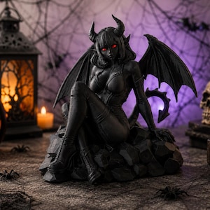 May include: A black figurine of a female demon with horns, wings, and a tail, featuring glowing red eyes. The character is seated on a pile of dark rocks, wearing a fitted outfit and boots. The sculpture has a matte finish and detailed features.