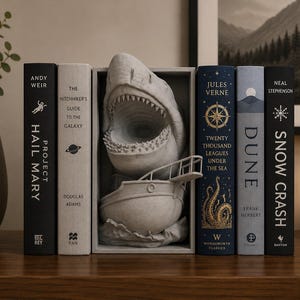 May include: A light grey bookend featuring a sculpted shark with an open mouth emerging from water, positioned behind a small boat. The bookend is placed between two rows of books, including titles like Project Hail Mary, The Hitchhiker's Guide to the Galaxy, Twenty Thousand Leagues Under the Sea, Dune, and Snow Crash.