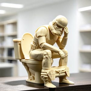May include: A cream-coloured figurine of a stormtrooper sitting on a toilet with one hand resting on its helmet. The figure is depicted in a seated position with its trousers around its ankles, rendered in a solid, monochromatic, light-toned material.