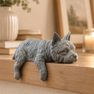 May include: A grey, sculpted figurine of a small, long-haired dog lying down with its front paws hanging over the edge of a flat surface. The dog has pointed ears, a textured coat, and a closed-eye expression, crafted in a solid, matte finish.