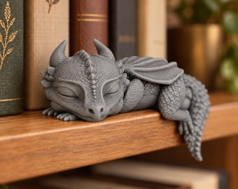 3D Printed Sleeping Dragon Shelf Sitter | Grey Fantasy Bookcase Ornament (10cm)
