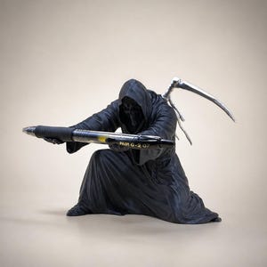 May include: A black Grim Reaper figurine kneeling and holding a black and yellow Pilot G-2 07 pen. The Grim Reaper has a silver scythe attached to its back. The pen is held out as if it were a weapon.